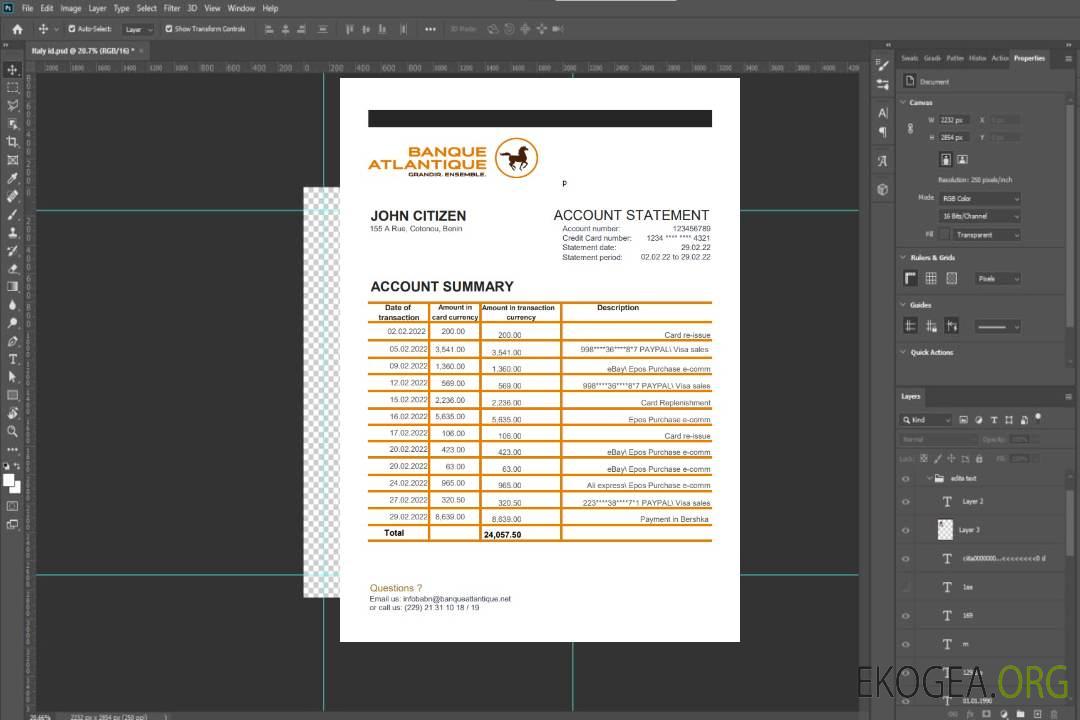 Relevé bancaire Bénin Banque Atlantique template Relevé bancaire Bénin Banque Atlantique template